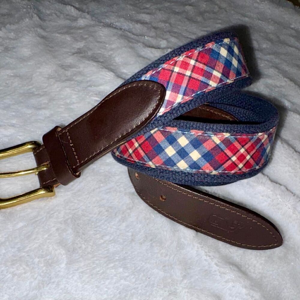 Vineyard Vines Plaid Canvas Leather Belt | Men’s 38